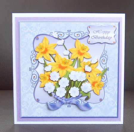 Daffodils on Lilac Damask Card Front by Jayne Jones