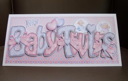 Large Dl New Baby Twins Felties Card & 3D Decoupage by Jayne Jones