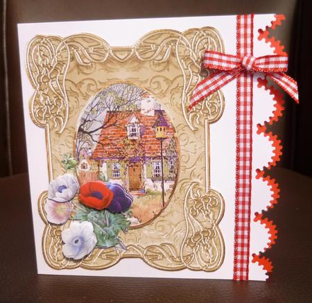 Red Roof Cottage and Poppies, Card with Topper by Jayne Jones