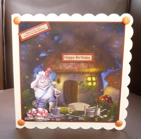 The Frustrated Gardener 8x8 Card Front with Decoupage by Jayne Jones