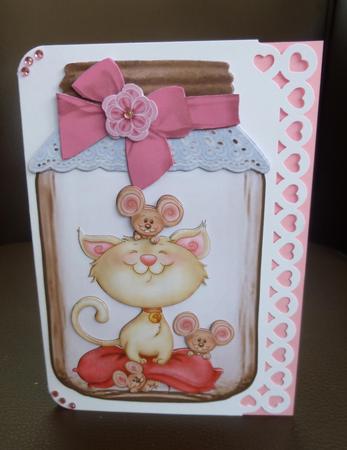 Cute Kitty with Playful Mice in a Jar with Bow by Jayne Jones