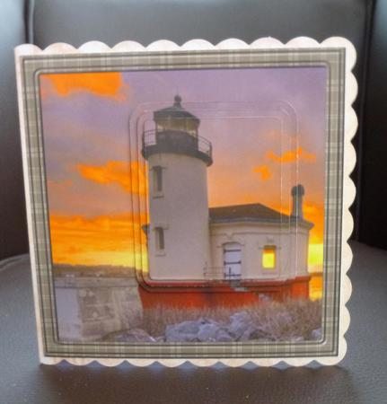 Lighthouse in Sunset Card Front with Pyramid Layers by Jayne Jones