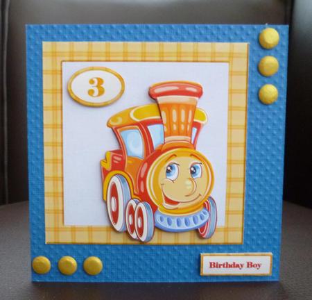 Smiling Train Engine Card with Decoupage and Sentiment Tags by Jayne Jones