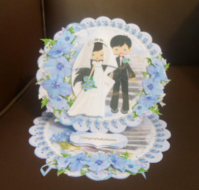 Cute in Blue Wedding Scalloped Round Easel Card by Jayne Jones