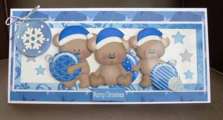 3 Christmas Bears with Blue and Silver Baubles Dl by Jayne Jones