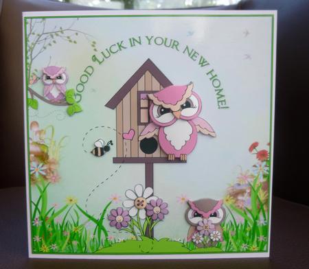 New Home Owl Family Card Front and Decoupage by Jayne Jones