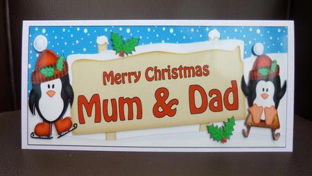 Xmas Mum & Dad Penguins Signpost Lge Dl Easicut 3D Decoupage by Jayne Jones