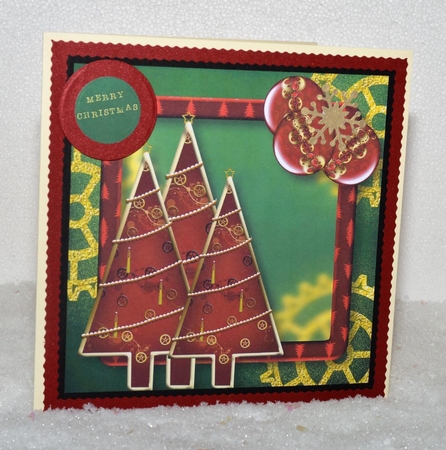 Red Steampunk Christmas Trees 8x8 by Jackie Bullock