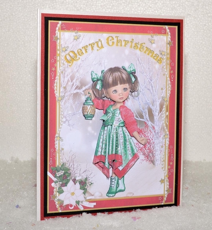 Sweet Little Merry Christmas Lantern in the Snow Red & Green A5 Card Front & Decoupage by Jackie Bullock