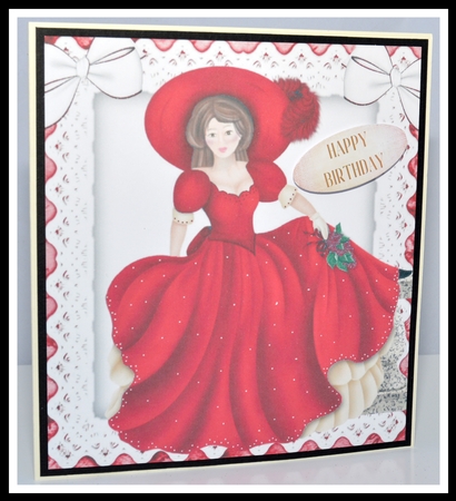 Lady in red, on lace ornate frame 8x8 by Jackie Bullock