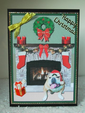 Bulldog Christmas Fireplace 3D Decoupage by Jackie Bullock