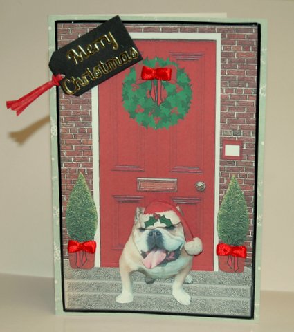Happy Bulldog Christmas Door Step by Jackie Bullock