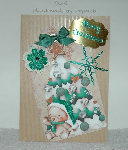 Little Teddy with Turq Christmas Tree on a Tag by Jackie Bullock