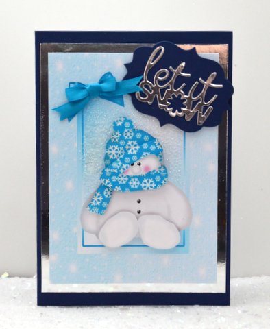 Fuzzy Christmas Snowman with Aqua Hat & Scarf by Jackie Bullock