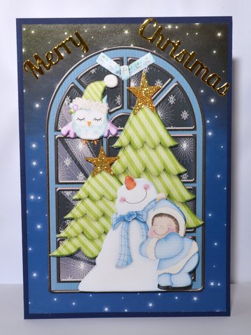 Window Hugging Snowman in Bleu by Jackie Bullock