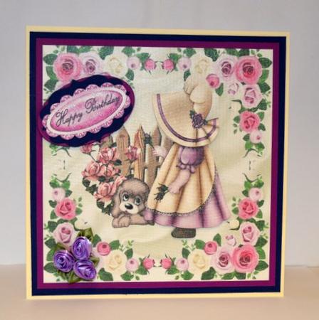 Little Bonnet Girl in Garden of Roses with Puppy 8x8 by Jackie Bullock