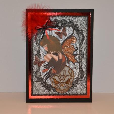 Gothic Faerie in Red with Skull in Black Lace by Jackie Bullock