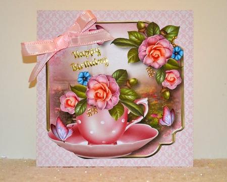 Teacup, Saucer & Camellias - Shaped Topper by Jackie Bullock