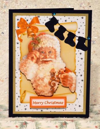 Vintage Santa in Gold on a Scroll with Stars by Jackie Bullock