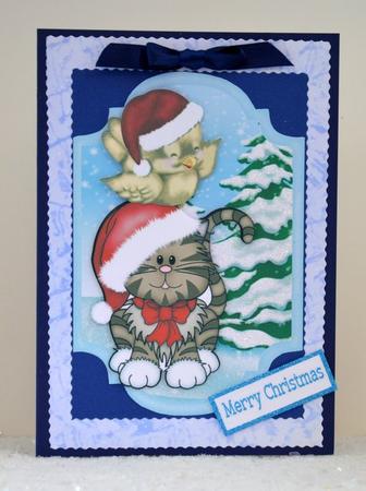 Robin with Kitten in Santa Hats by Jackie Bullock