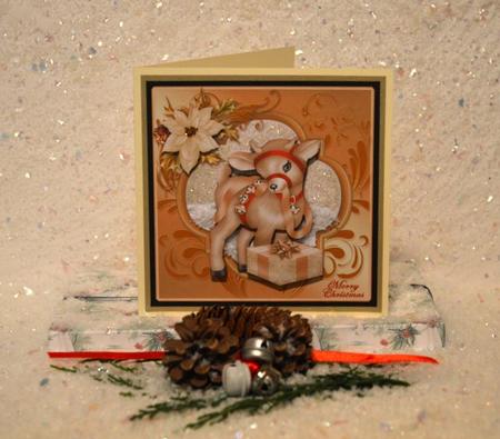 Baby Reindeer with Gift Square Card Front by Jackie Bullock