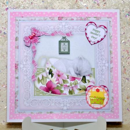 Teacup Kitten in Pink Frame - 8" x 8" Card Topper by Jackie Bullock