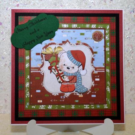 Teddy Brings Christmas Gifts 7x7 Card with Decoupage by Jackie Bullock