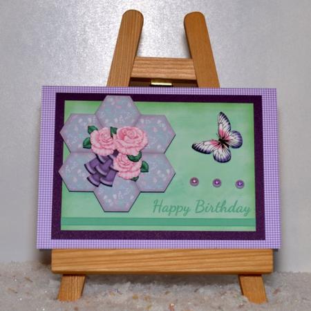 Pink Rose Hexagon Patchwork Birthday Card by Jackie Bullock
