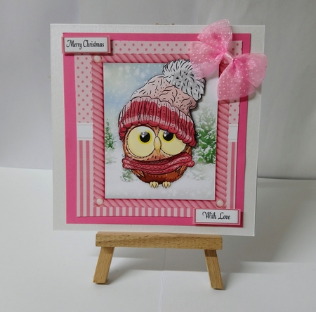 Festive brown owl in pink bobble hat 8x8 by Jackie Odonnell