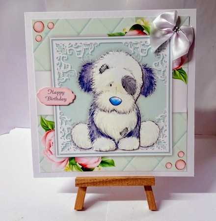 Cute Dog With Pink Peonies 8x8 by Jackie Odonnell