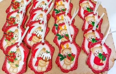 4 Red glitter Christmas bear toppers by Jackie Odonnell