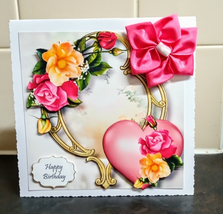 Hearts & Flowers On Golden Frame - Rose Bouquet by Jackie Odonnell