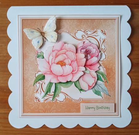 Pink peony rose and butterfly 7x7 by Jackie Odonnell