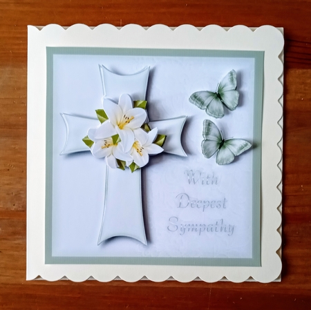 Sympathy Card Lilies on Cross with Butterflies 6 x 6 by Jackie Odonnell