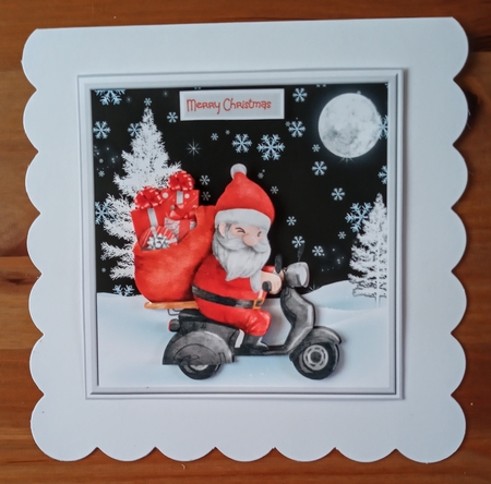 Santa on his motor scooter 7x7 by Jackie Odonnell