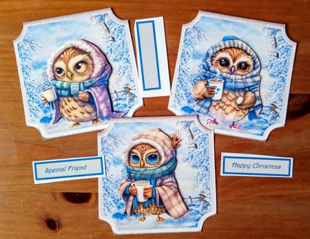Owls drinking hot chocolate toppers by Jackie Odonnell