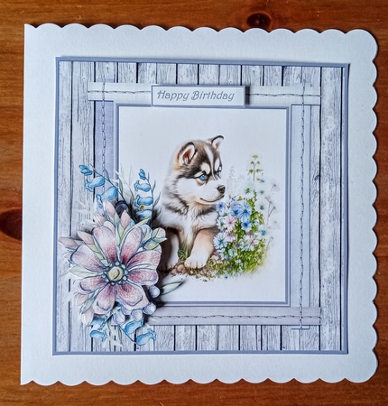 Baby Malamute dog and flowers 7x7 by Jackie Odonnell