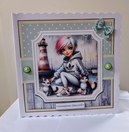 Girl With Her Kittens Card & Toppers Set by Jackie Odonnell