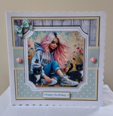 Girl With Her Kittens Card & Toppers Set by Jackie Odonnell