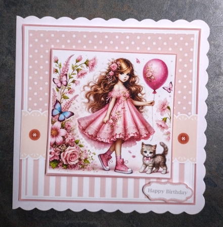 Girl With Balloon And Kitten Card & Toppers Set by Jackie Odonnell