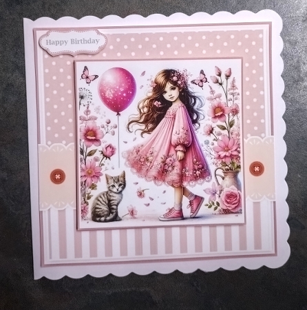 Girl With Balloon And Kitten Card & Toppers Set by Jackie Odonnell