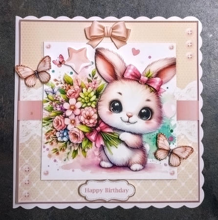 Pretty Pink Bunny With Flower Bouquet by Jackie Odonnell