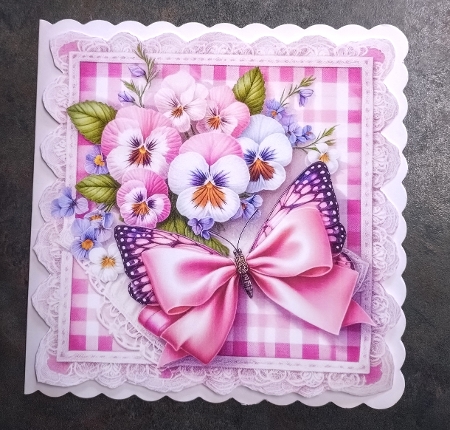 floral pansy and butterfly on lace1 by Jackie Odonnell