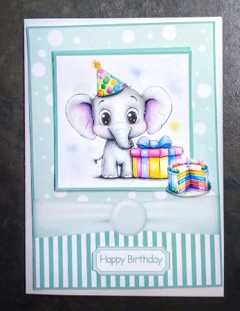 Happy Birthday Elephant Card Front 7x5 by Jackie Odonnell