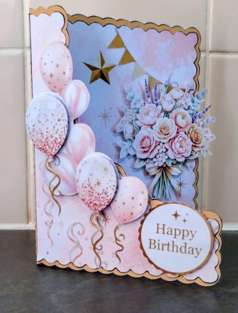 Pastel Pink Floral Birthday Card Topper – Elegant Gold Balloon Printable by Jackie Odonnell