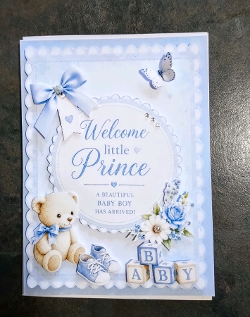 Welcome Little Prince – Blue Teddy & Baby Shoes Newborn Announcement Topper by Jackie Odonnell