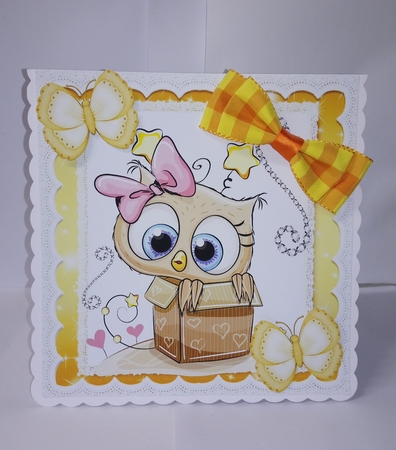 Cute owl in heart box with butterflies & sparkle 8x8 by Jackie Odonnell