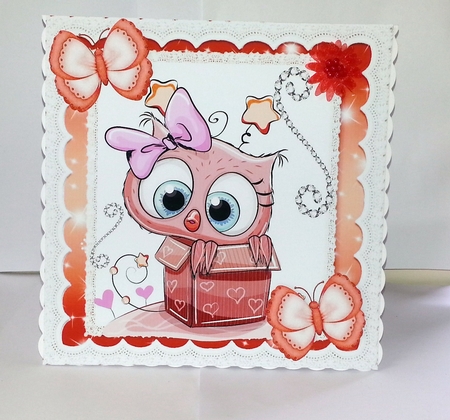 Cute owl in heart box with red butterflies & sparkle 8x8 by Jackie Odonnell