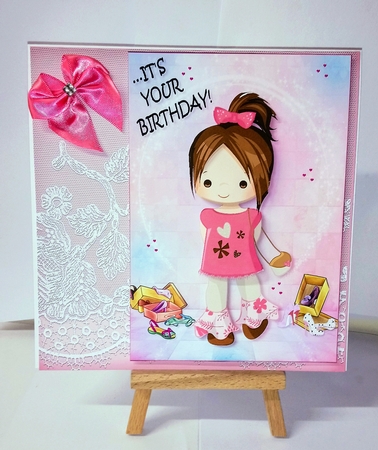 Its your Birthday! Cute Little Lady Shopping for Shoes A5 Card Front & Decoupage by Jackie Odonnell