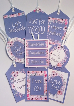 Floral Tags and Sentiments on Denim Blue Gift Tags by Jackie Odonnell